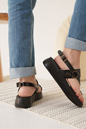 Likya Premium Siyah Hakiki Deri Sandalet