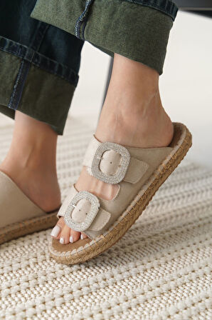 Tyna Premium Süet Bej Taşlı Kadın Terlik