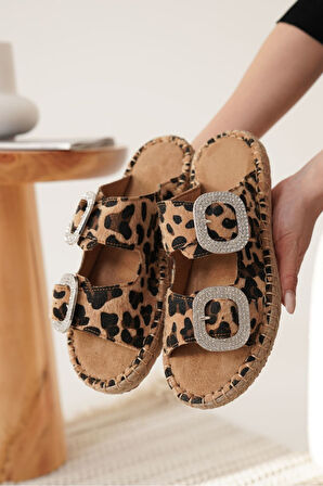 Tyna Premium Süet Leopar Taşlı Kadın Terlik