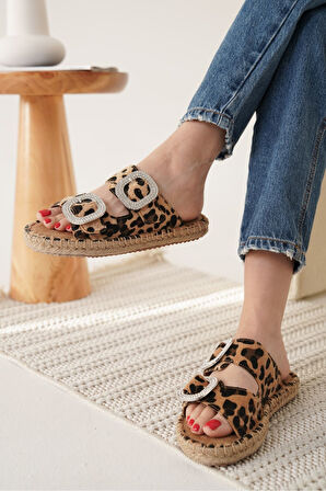 Tyna Premium Süet Leopar Taşlı Kadın Terlik