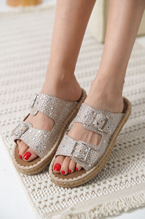 Tyna Premium Süet Gri Taşlı Kadın Terlik