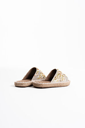 Dennis Premium Kadın Bej Taş İşlemeli Terlik