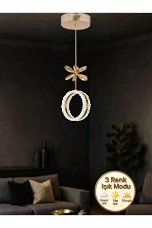 Zero Model Kristal Taşlı Gold 3 Renk Modu Ledli Salon Mutfak Oturma Odası Sarkıt Led Avize