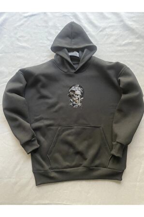 Zeus Baskılı Siyah Erkek Kapüşonlu 3 iplik Şardonlu Ribanalı Sweatshirt Hoodie