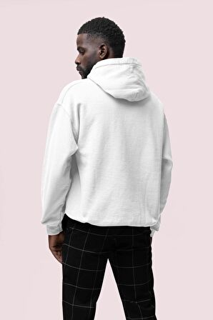 Zeus Baskılı Beyaz Erkek Kapüşonlu 3 iplik Şardonlu Ribanalı Sweatshirt Hoodie