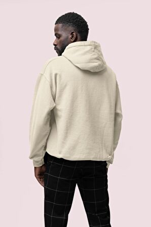 Zeus Baskılı Bej Erkek Kapüşonlu 3 iplik Şardonlu Ribanalı Sweatshirt Hoodie