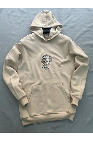 Zeus Baskılı Bej Erkek Kapüşonlu 3 iplik Şardonlu Ribanalı Sweatshirt Hoodie