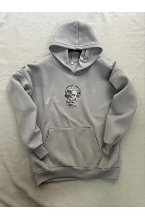 Zeus Baskılı Gri Erkek Kapüşonlu 3 iplik Şardonlu Ribanalı Sweatshirt Hoodie