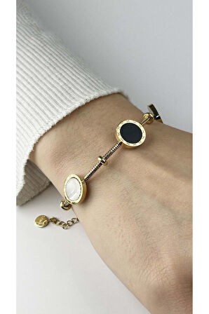 Sedefli Roma Rakamı Figürlü, Paslanmaz Çelik Zincir Bileklik 4, Altın Renk