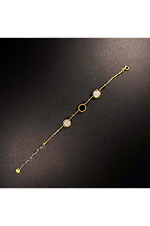 Sedefli Roma Rakamı Figürlü, Paslanmaz Çelik Zincir Bileklik 4, Altın Renk