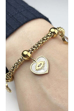 Zirkon Taşlı, Göz Kalp Sallantılı, Paslanmaz Çelik Bileklik 6, Altın Renk