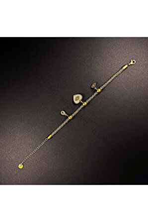 Zirkon Taşlı, Göz Kalp Sallantılı, Paslanmaz Çelik Bileklik 6, Altın Renk