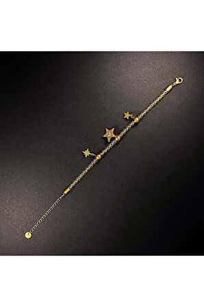 Yıldız Figürlü, Paslanmaz Çelik Zincir Bileklik 7, Altın Renk