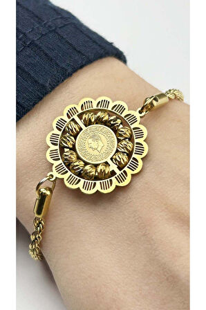 Xxx Ata Model, Reşatlı, Dorikalı Paslanmaz Çelik Zincir Bileklik 8 Altın Renk