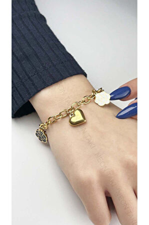 Xxx Kalp Ve Çiçek Sallantılı, Paslanmaz Çelik Zincir Bileklik 12, Altın Renk