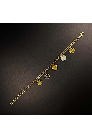 Xxx Kalp Ve Çiçek Sallantılı, Paslanmaz Çelik Zincir Bileklik 12, Altın Renk