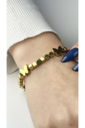 Kelebek Figürlü, Paslanmaz Çelik Zincir Bileklik 17, Altın Renk