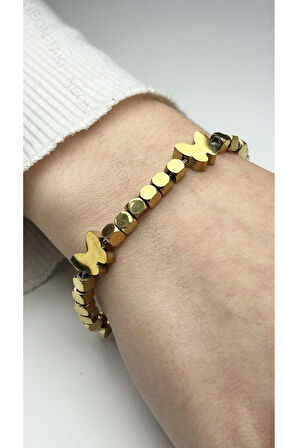 Kelebek Figürlü, Paslanmaz Çelik Zincir Bileklik 17, Altın Renk