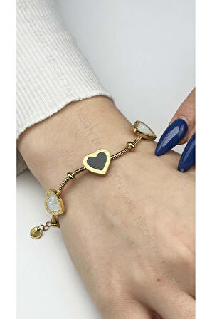 Kalp Figürlü, Paslanmaz Çelik Zincir Bileklik 18, Altın Renk