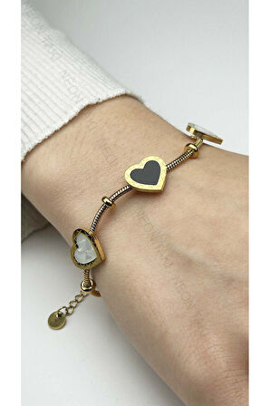 Kalp Figürlü, Paslanmaz Çelik Zincir Bileklik 18, Altın Renk