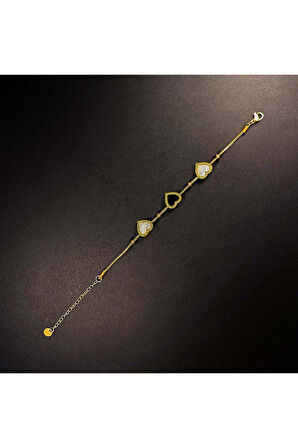 Kalp Figürlü, Paslanmaz Çelik Zincir Bileklik 18, Altın Renk