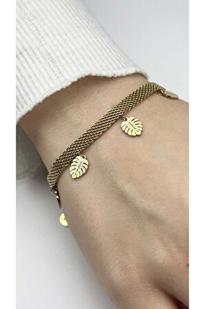 Yaprak, Hasır, Paslanmaz Çelik Zincir Bileklik 19, Altın Renk