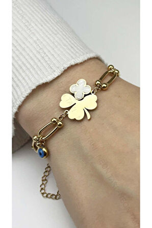 Göz Ve Yonca Figürlü, Paslanmaz Çelik Zincir Bileklik 20, Altın Renk