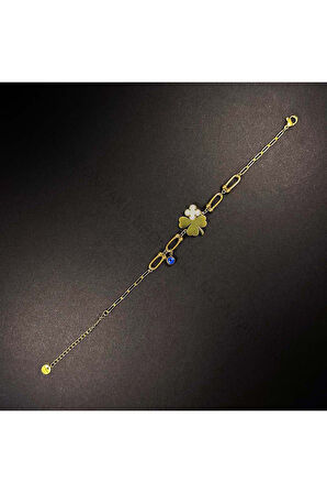 Göz Ve Yonca Figürlü, Paslanmaz Çelik Zincir Bileklik 20, Altın Renk