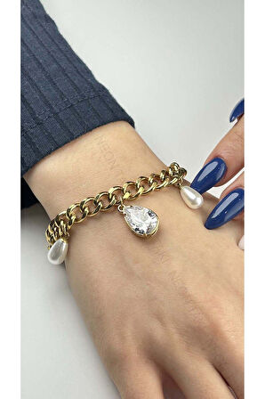 Incili, Zirkon Taşlı, Gurmet Paslanmaz Çelik Zincir Bileklik 23, Altın Renk