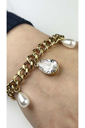 Incili, Zirkon Taşlı, Gurmet Paslanmaz Çelik Zincir Bileklik 23, Altın Renk