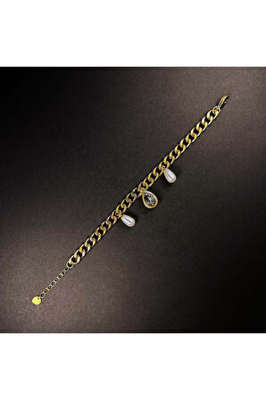 Incili, Zirkon Taşlı, Gurmet Paslanmaz Çelik Zincir Bileklik 23, Altın Renk