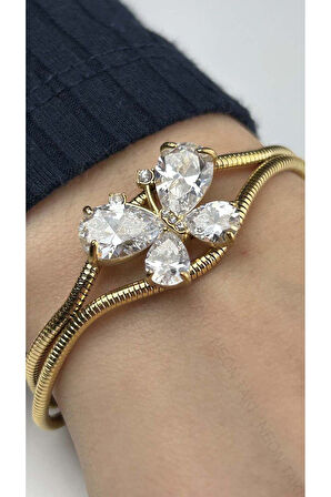 Xxx Kelebek, Zirkon Taşlı, Çift Zincir Paslanmaz Çelik Bileklik 26 Altın Renk