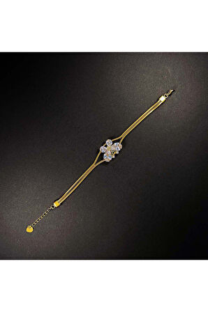 Xxx Kelebek, Zirkon Taşlı, Çift Zincir Paslanmaz Çelik Bileklik 26 Altın Renk