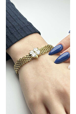 Xxx Zirkon Taşlı, Çiçek, Hasır Model, Paslanmaz Çelik Bileklik 27, Altın Renk