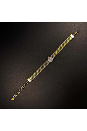 Xxx Zirkon Taşlı, Çiçek, Hasır Model, Paslanmaz Çelik Bileklik 27, Altın Renk