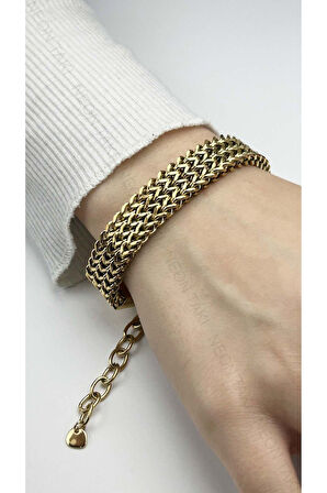 Hasır Model, Paslanmaz Çelik Zincir Bileklik 30, Altın Renk