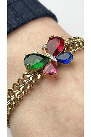 Xxx Renkli Zirkon Taşlardan Kelebek, Paslanmaz Çelik Bileklik 31, Altın Renk