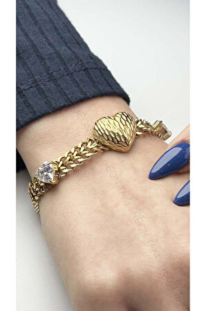 Xxx Kalp Figürlü, Zirkon Taşlı, Paslanmaz Çelik Zincir Bileklik 34 Altın Renk