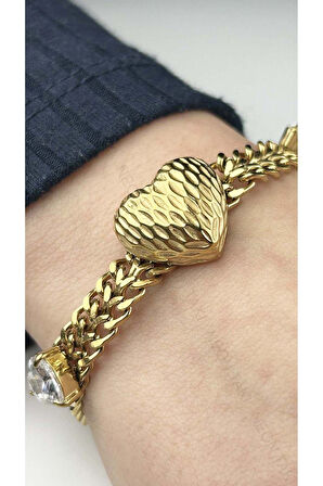 Xxx Kalp Figürlü, Zirkon Taşlı, Paslanmaz Çelik Zincir Bileklik 34 Altın Renk