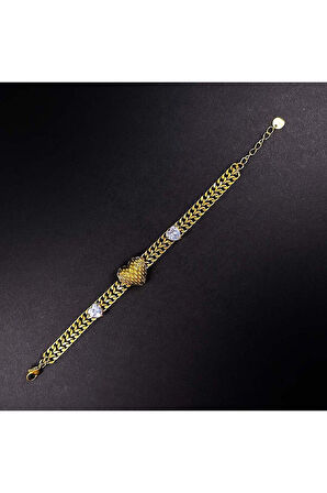 Xxx Kalp Figürlü, Zirkon Taşlı, Paslanmaz Çelik Zincir Bileklik 34 Altın Renk