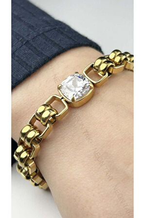 Xxx Zirkon Taşlı, Paslanmaz Çelik Zincir Bileklik 35, Altın Renk