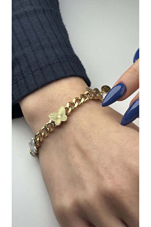 Xxx Kelebek Çok Renkli Zirkon Taşlı, Paslanmaz Çelik Bileklik 36, Altın Renk