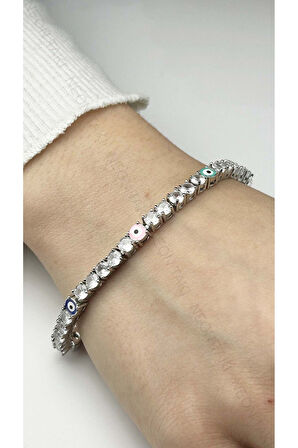 Su Yolu, Nazarlı, Zirkon Taşlı, Zincir Bileklik 39, Gümüş Renk