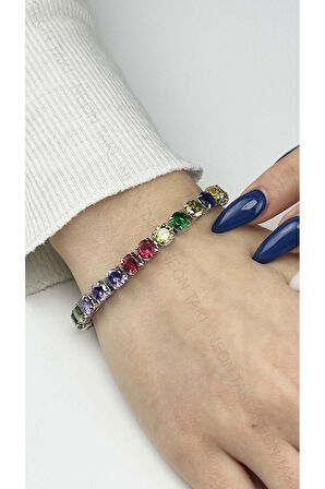 Su Yolu, Çok Renkli Zirkon Taşlı, Zincir Bileklik 40, Ana Zincir Gümüş Renk