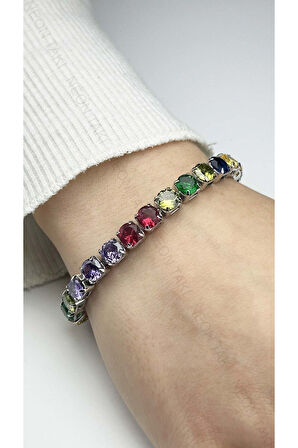 Su Yolu, Çok Renkli Zirkon Taşlı, Zincir Bileklik 40, Ana Zincir Gümüş Renk