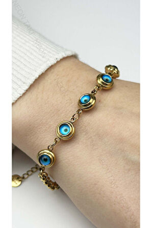 Göz Figürlü, Paslanmaz Çelik Zincir Bileklik 55, Altın Renk