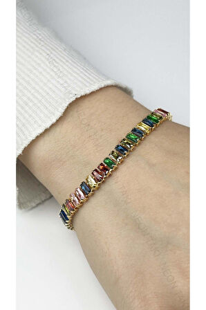 Su Yolu, Çok Renkli Zirkon Taşlı Zincir Bileklik 72, Zincir Altın Renk