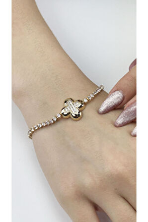 Zirkon Taşlı, Paslanmaz Çelik Zincir Bileklik 78, Altın Renk