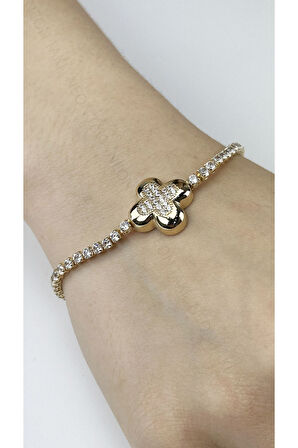 Zirkon Taşlı, Paslanmaz Çelik Zincir Bileklik 78, Altın Renk