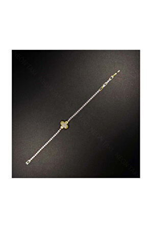 Zirkon Taşlı, Paslanmaz Çelik Zincir Bileklik 78, Altın Renk